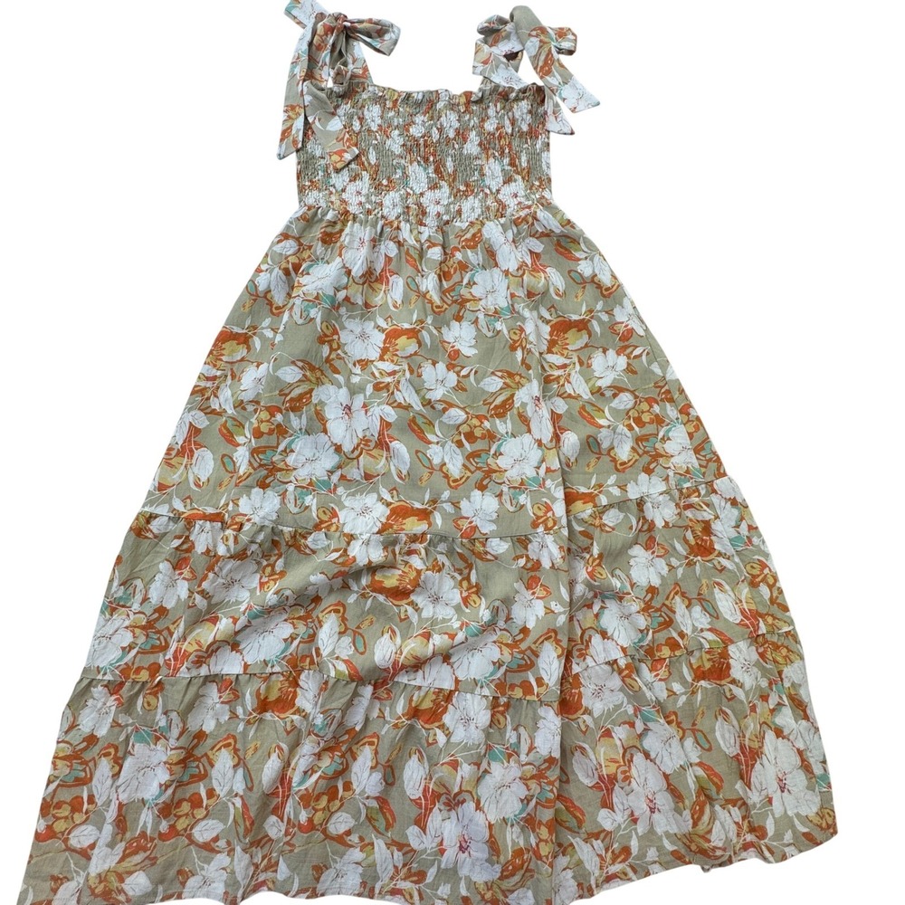 Kate Kasin Midi Dress Women L Green Floral Smocked Bodice Tie Shoulder Pockets